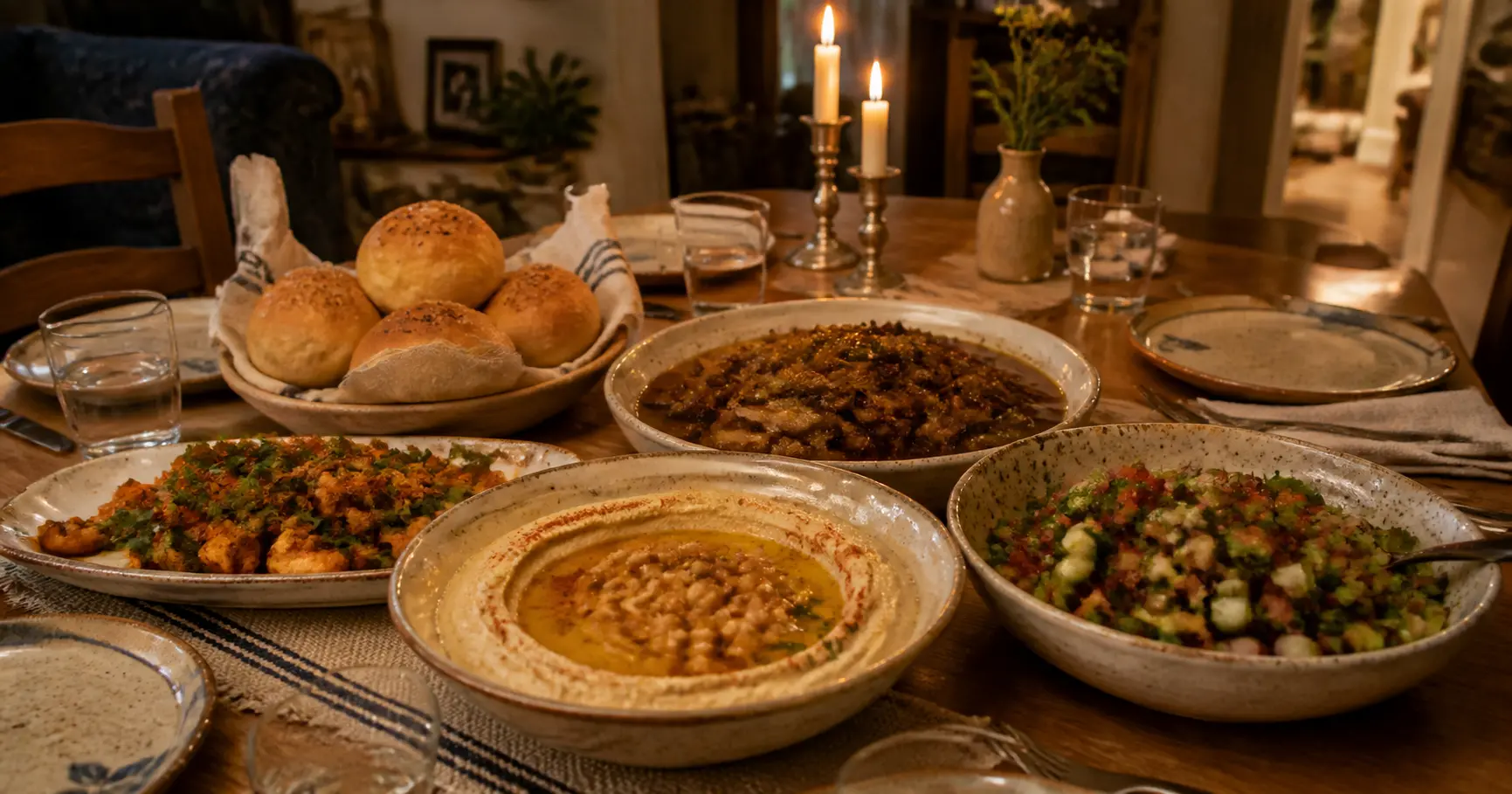 שולחן ארוחת שישי עם מנות ישראליות ביתיות — חומוס, סלט ומנה עיקרית באווירה חמה