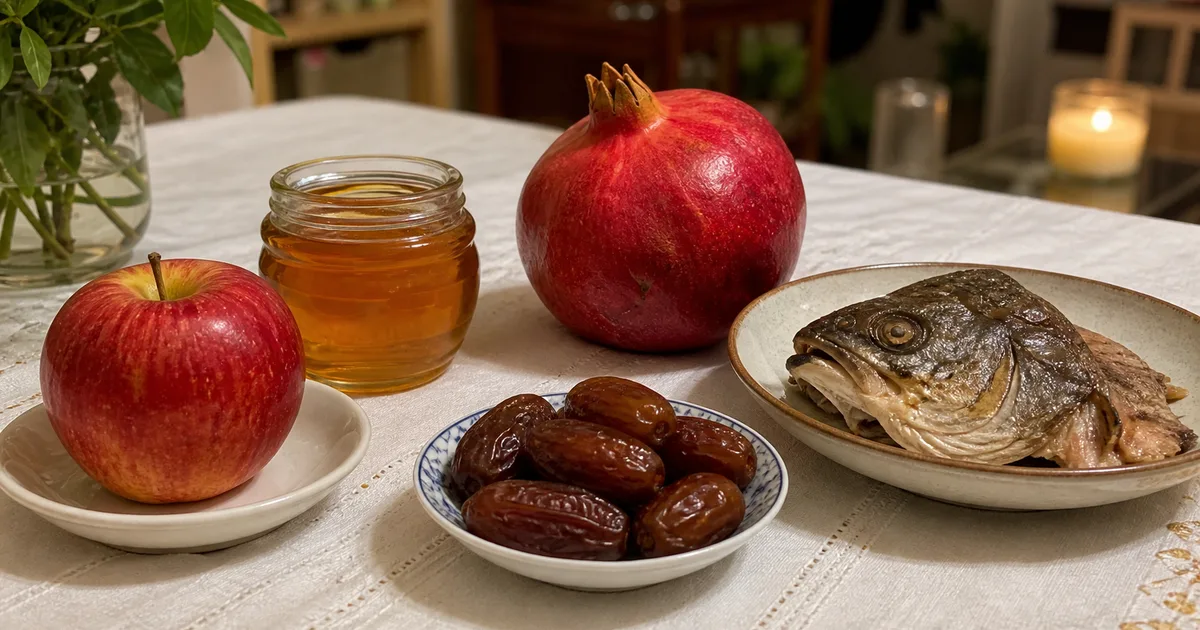 שולחן חגיגי לראש השנה עם תפוח, דבש, רימון, תמרים וראש דג על מפה לבנה בבית ישראלי